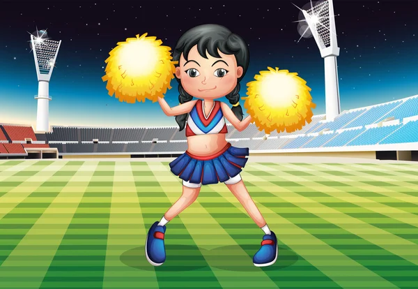 A cheerleader dancing in the stadium with her yellow pompoms — Stock Vector