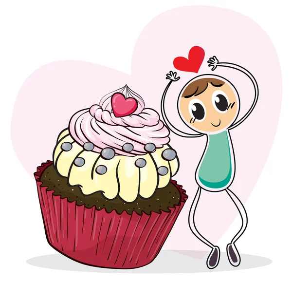 Ein Cupcake und eine Skizze eines Mannes mit einem roten Herz — Stockvektor