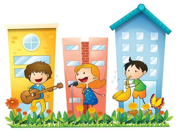 Musicians performing near the buildings — Stock Vector