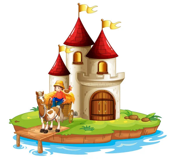 En pojke och hans vagn framför ett slott — Stock vektor