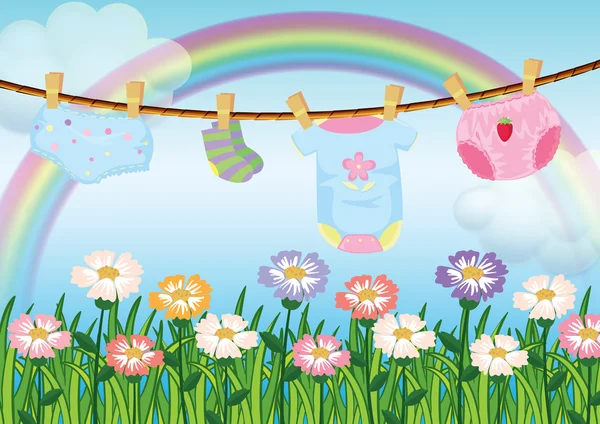 Een tuin met opknoping kleren van de baby — Stockvector