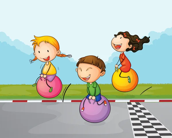 Троє дітей на вулиці зі своїми підстрибуючими кульками — стоковий вектор