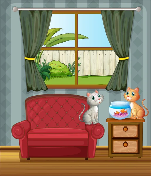 The two cats watching the aquarium — Stock Vector
