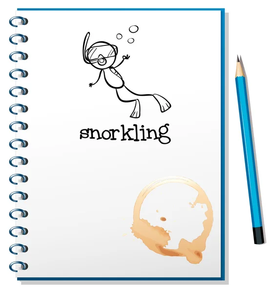 A notebook with a sketch of a person snorkling — Stock Vector