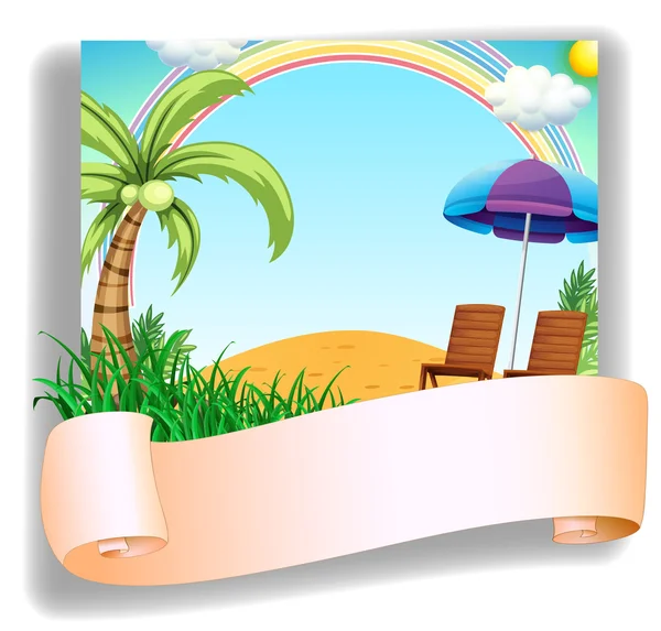 A beach chair and an umbrella with a signage — Stock Vector