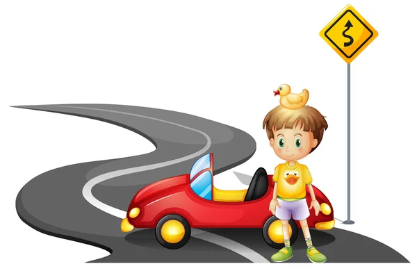 A young boy and his car at the road near the yellow signboard — Stock Vector