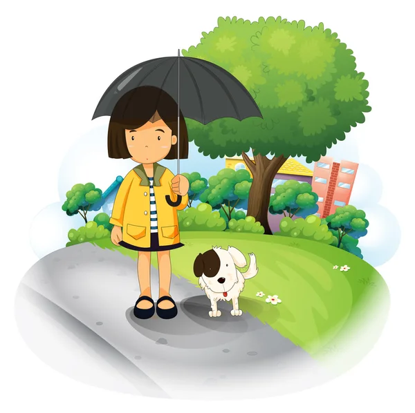 A girl with an umbrella and a puppy at the road — Stock Vector