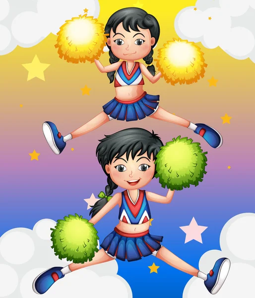 Two cheerdancers dancing with their pom poms — Stock Vector