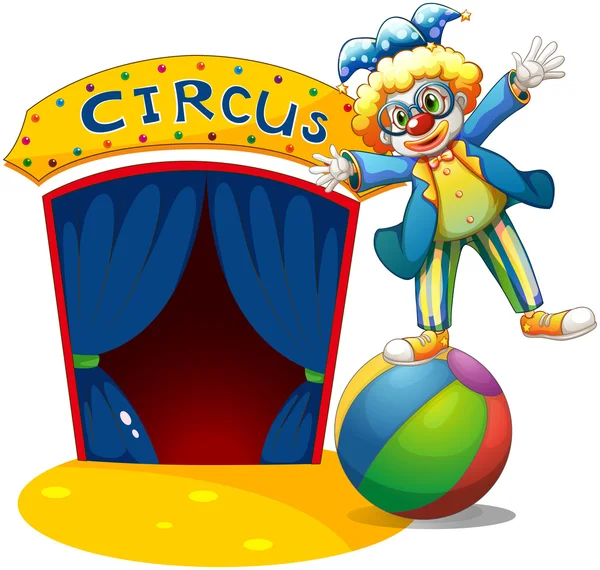 Un payaso en la parte superior de la bola al lado de una casa de circo — Vector de stock