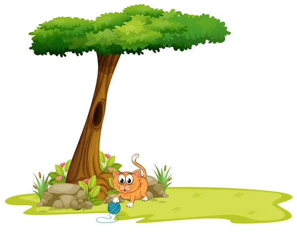 Eine orangefarbene Katze spielt unter dem Baum — Stockvektor