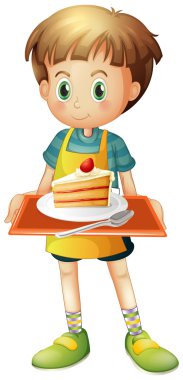bir tepsi pasta bir dilim ile bir tabak içinde tutan bir çocuk