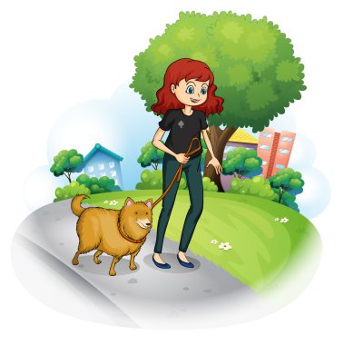 Cadde boyunca yürüyen bir köpek ile bir kız