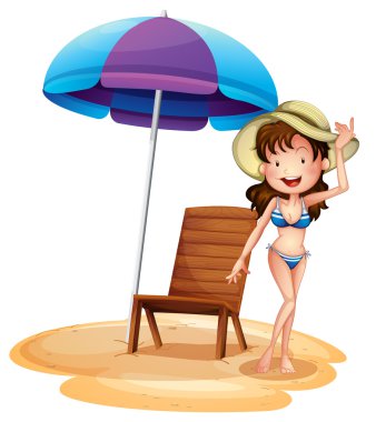 bir yaz sandalye ve şemsiye yanında bir bikini giyen bir kız