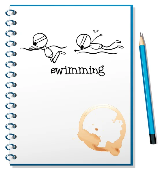 Un cuaderno con un boceto de dos nadando — Vector de stock