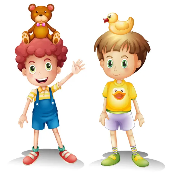 Zwei Jungen mit ihrem Spielzeug über dem Kopf — Stockvektor