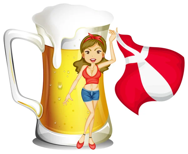 Una señora sexy con la bandera de Dinamarca y un vaso lleno de cerveza en — Vector de stock