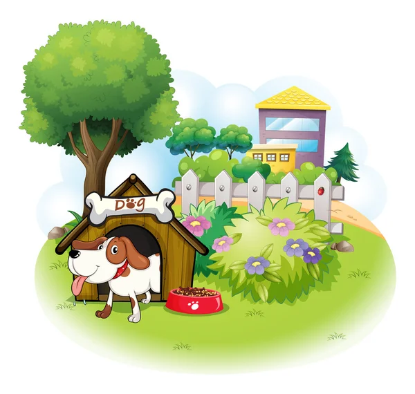 A doghouse with a dog inside a fence — Stock Vector