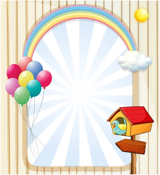 Een pethouse in de buurt van een lege sjabloon met ballonnen en regenboog — Stockvector