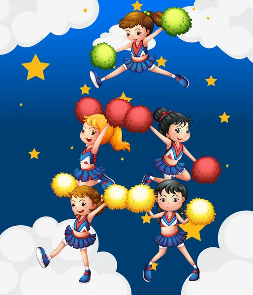 Five cheerdancers dancing with their pompoms — Stock Vector