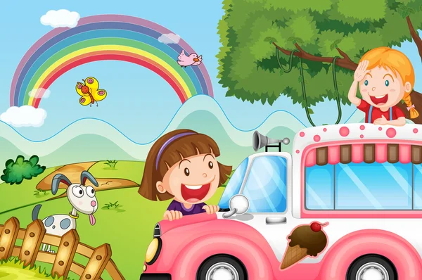 Der rosafarbene Eisbus und die zwei glücklichen Mädchen — Stockvektor