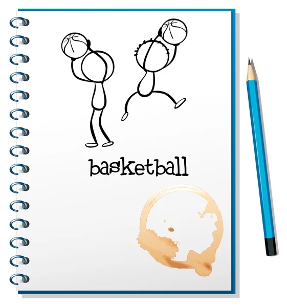 Ένα φορητό υπολογιστή με ένα σκίτσο από τους παίκτες του μπάσκετ — Διανυσματικό Αρχείο
