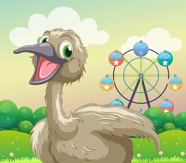 An ostrich in front of the ferris wheel — Stock Vector