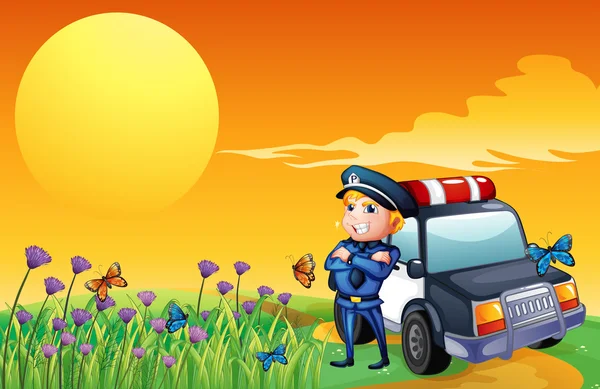 Bir polis ve bir araba Hill günbatımı Manzaralı — Stok Vektör