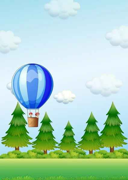 2 人の子供、熱気球に乗って — ストックベクタ