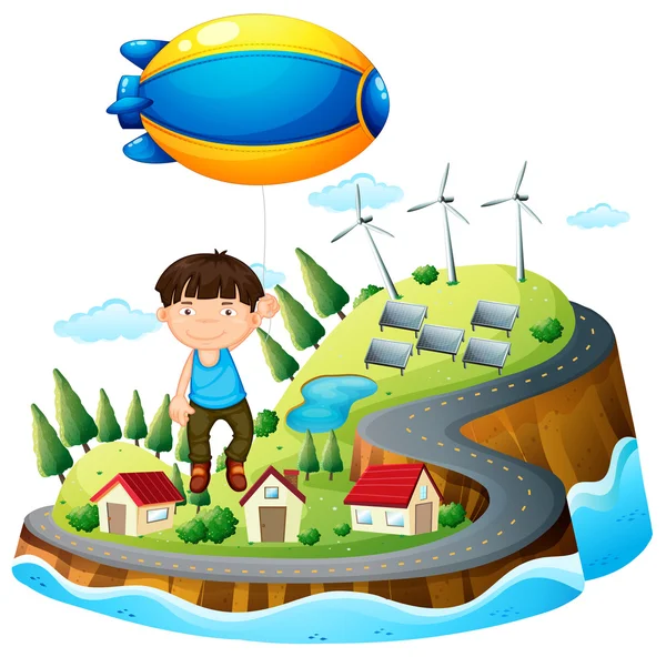 A boy floating with the aircraft — Stock Vector