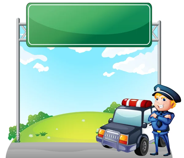 A policeman with his patrol car near the signage — Stock Vector