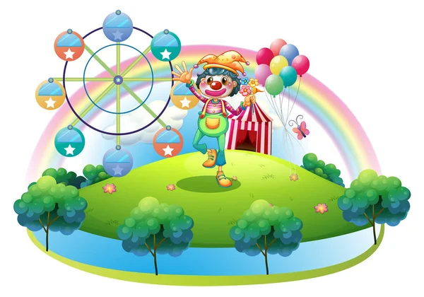 A clown with a flower in an island with a carnival — Stock Vector