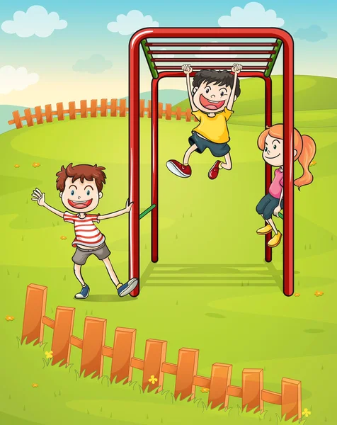 Tres niños jugando en el parque — Vector de stock