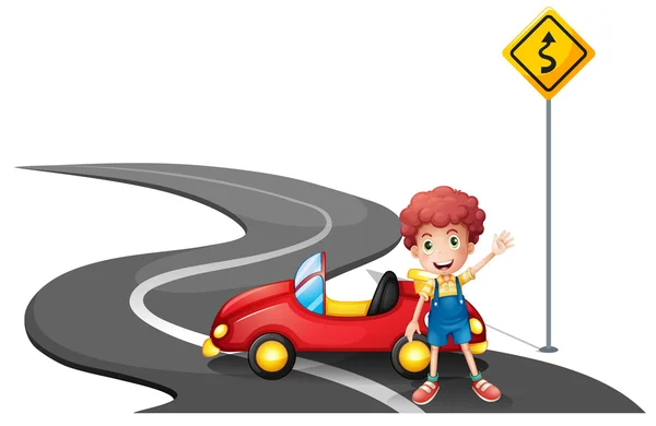 A young boy near a yellow signage with his car — Stock Vector