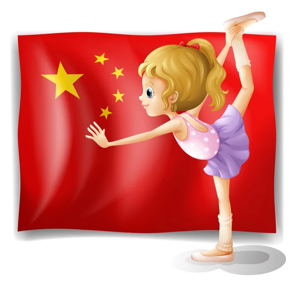 Una gimnasta frente a la bandera china — Vector de stock