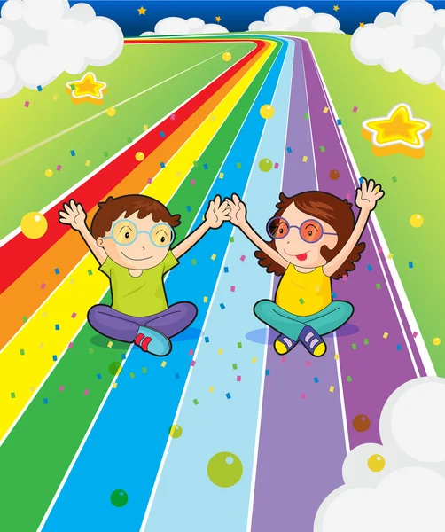A young girl and a young boy at the colorful road — Stock Vector