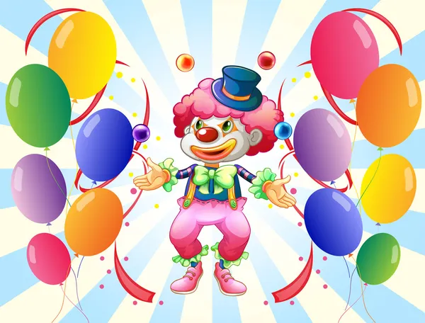 A clown with a colorful costume surrounded by balloons — Stock Vector