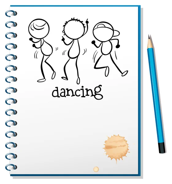 Ein Notizbuch mit einer Skizze von drei Tanzenden — Stockvektor