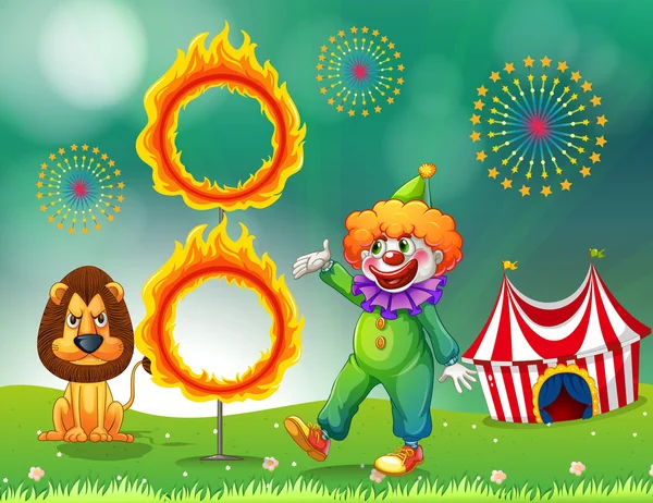 Een leeuw en een clown met een ring van vuur — Stockvector