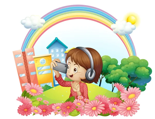 A girl with a headset and a phone with camera — Stock Vector