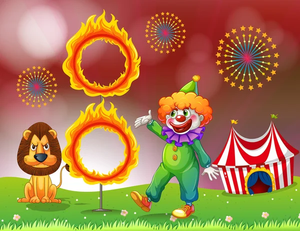 Un carnaval con un payaso y un león cerca del anillo de fuego — Vector de stock