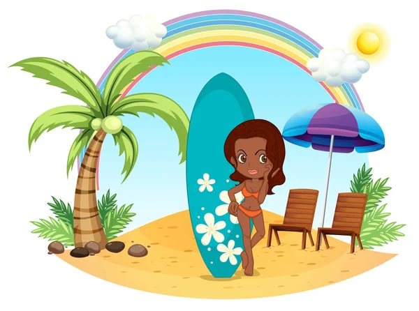 A girl at the beach with her blue surfing board — Stock Vector