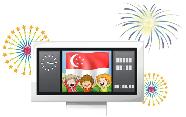 A scoreboard with the Singaporean flag and the three kids — Stock Vector