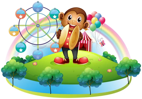 A monkey with a ferris wheel and balloons at the back — Stock Vector