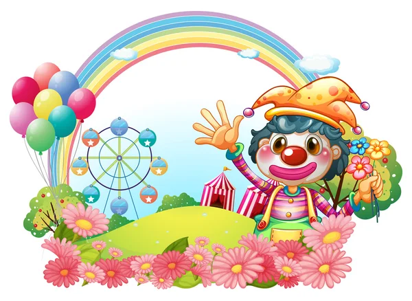 A female clown waving her hands near the garden — Stock Vector