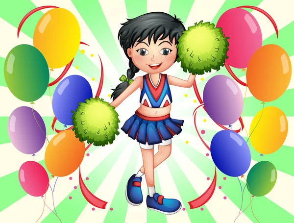Une pom pom girl entourée de ballons — Image vectorielle