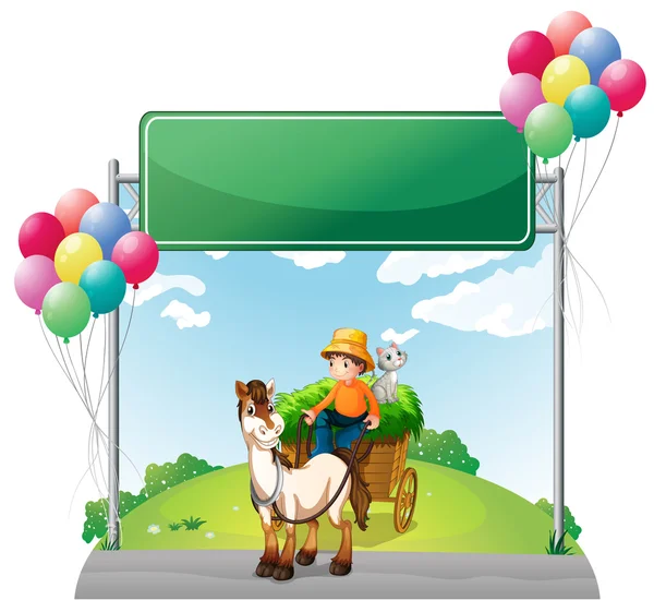 A farmer riding with his cart below the empty board — Stock Vector