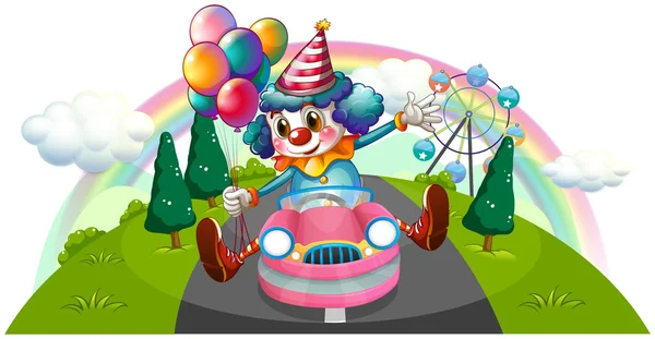 Клоун їде в рожевій машині з повітряними кулями — стоковий вектор