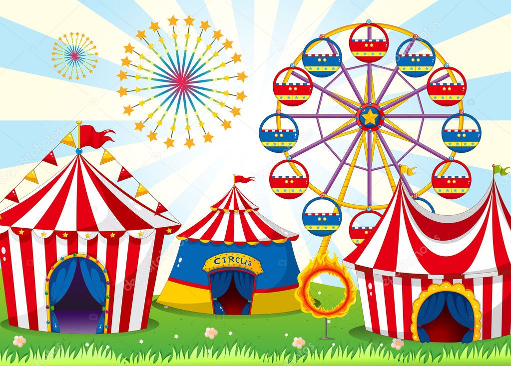 A carnival with stripe tents