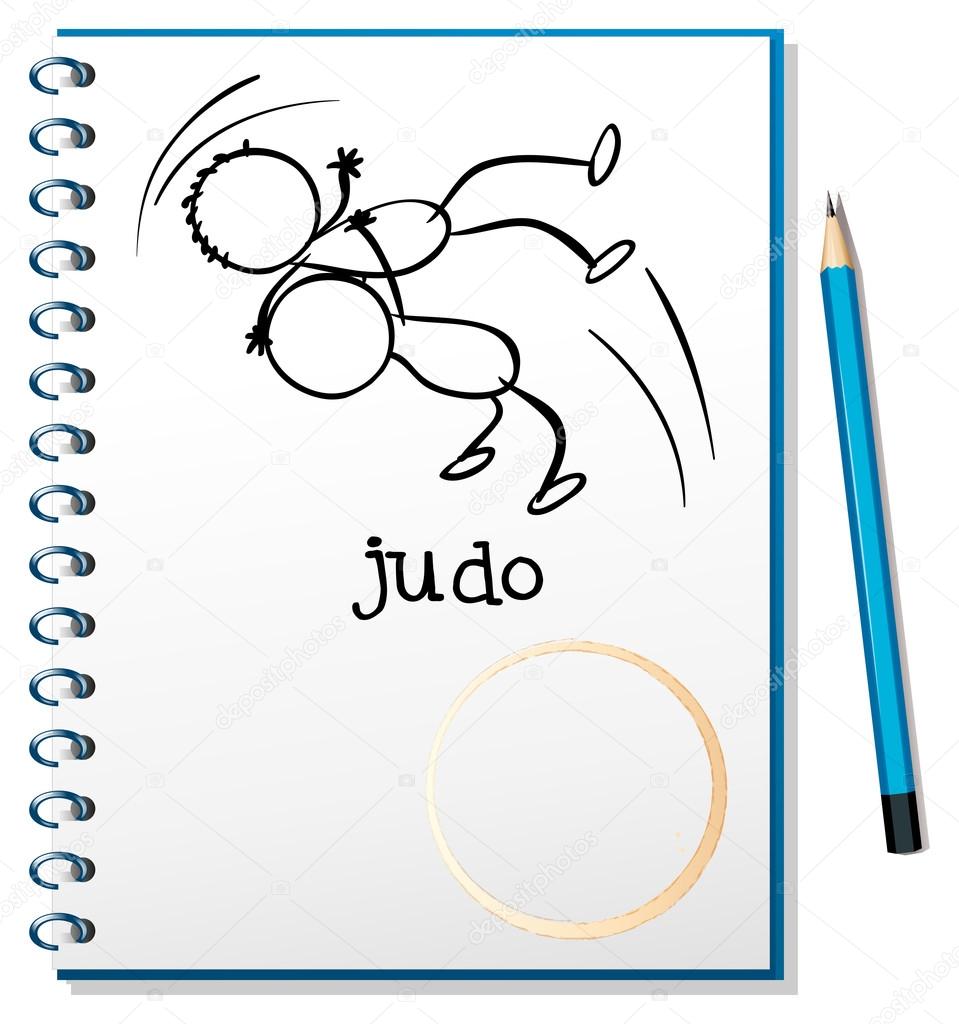 A notebook with a sketch of two doing judo