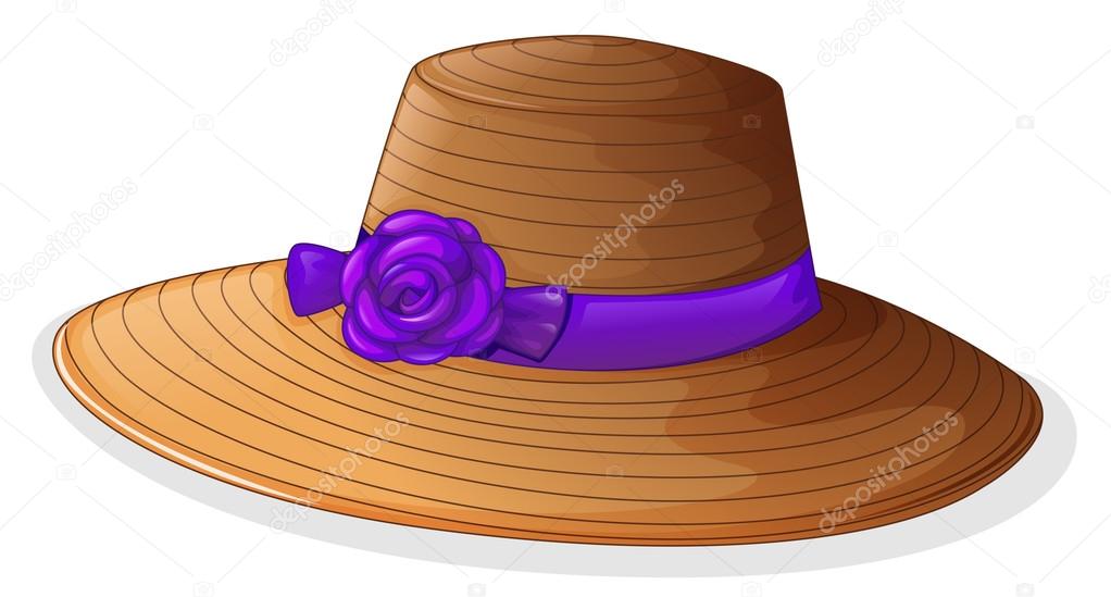 A brown hat with a violet ribbon